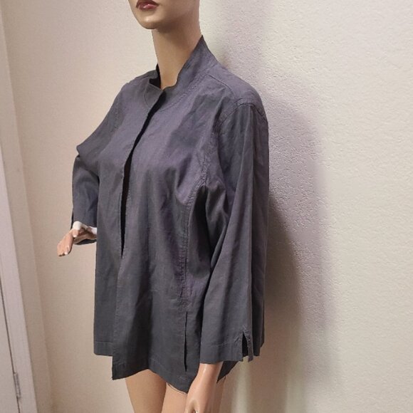 EILEEN FISHER STRETCH LINEN-BLEND OPEN FRONT STAND COLLAR KIMONO JACKET TOP XL - Picture 3 of 8